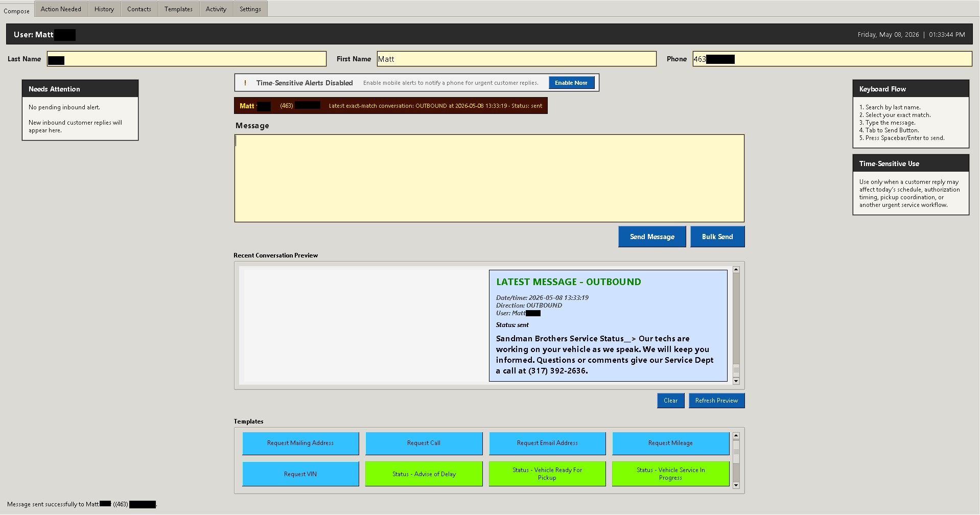Service Rabbit Messenger compose screen with message box, recent conversation preview, and template buttons.