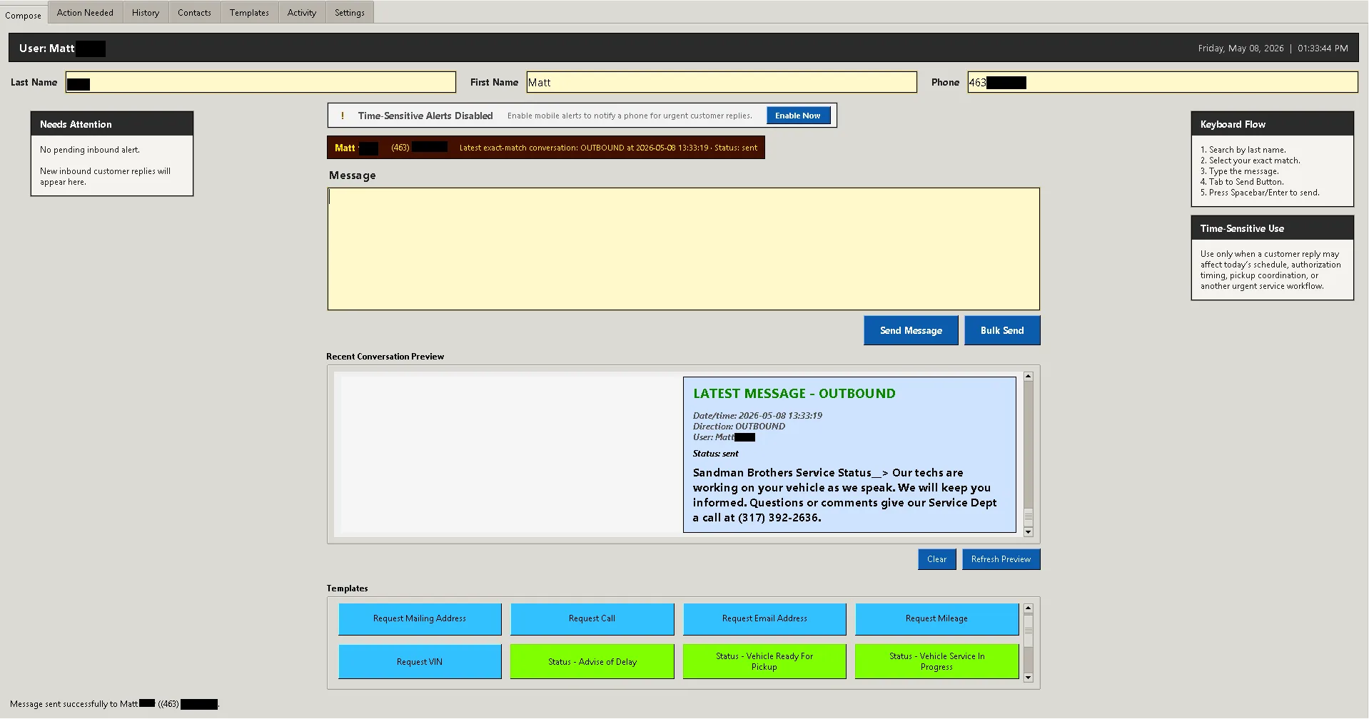 Service Rabbit Messenger compose screen with message box, recent conversation preview, and template buttons.