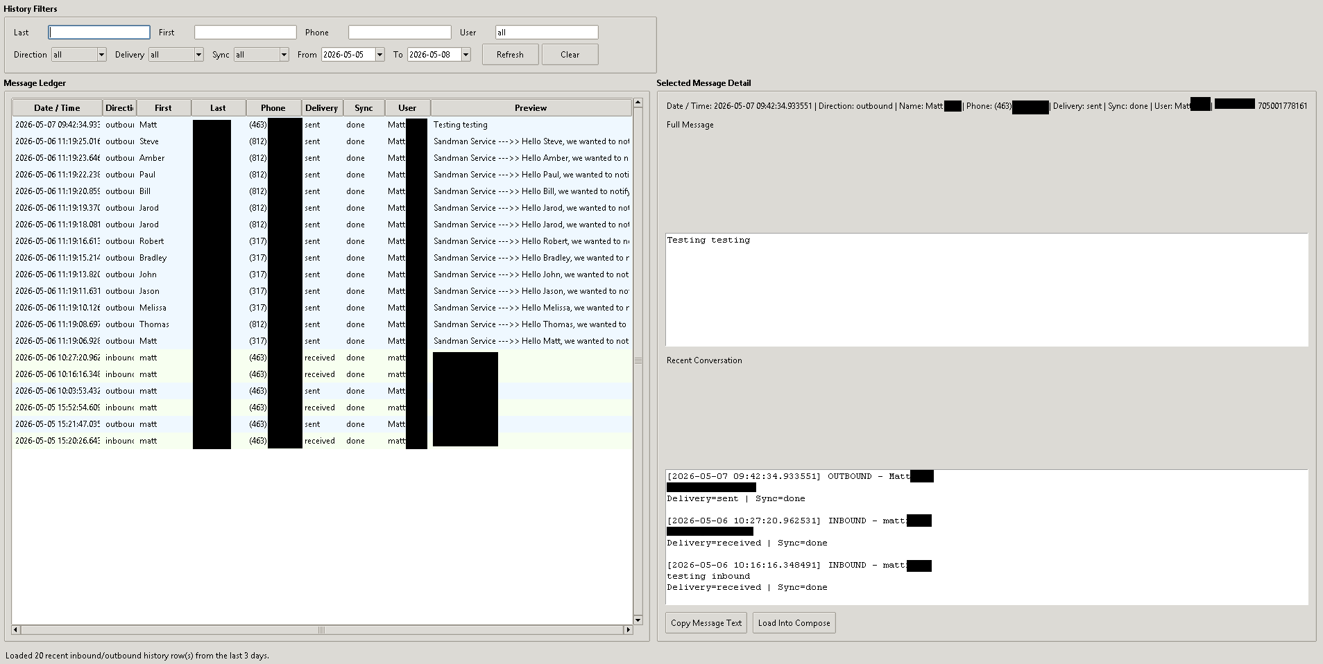 Message history and ledger screen.