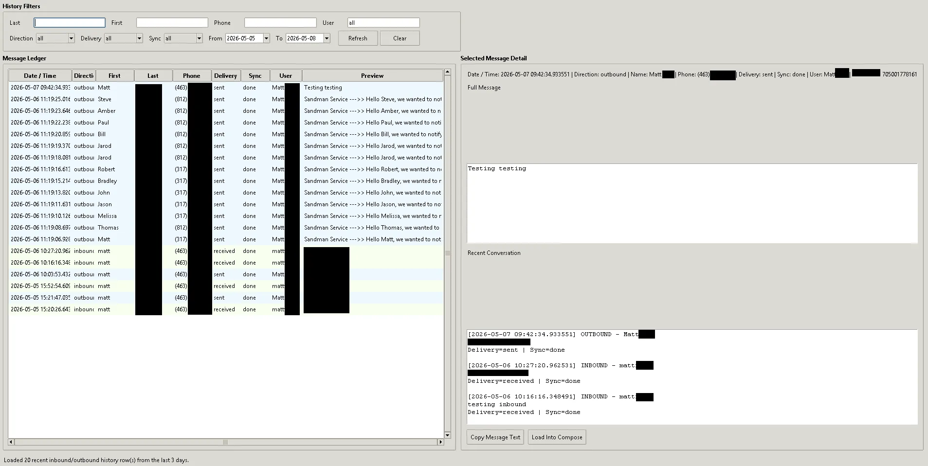Message history and ledger screen.