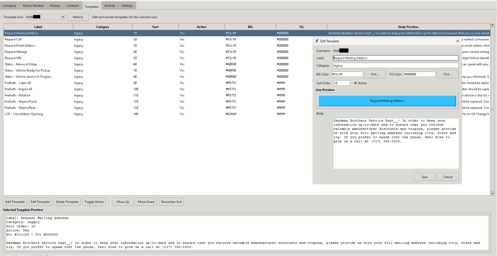 Template management screen.