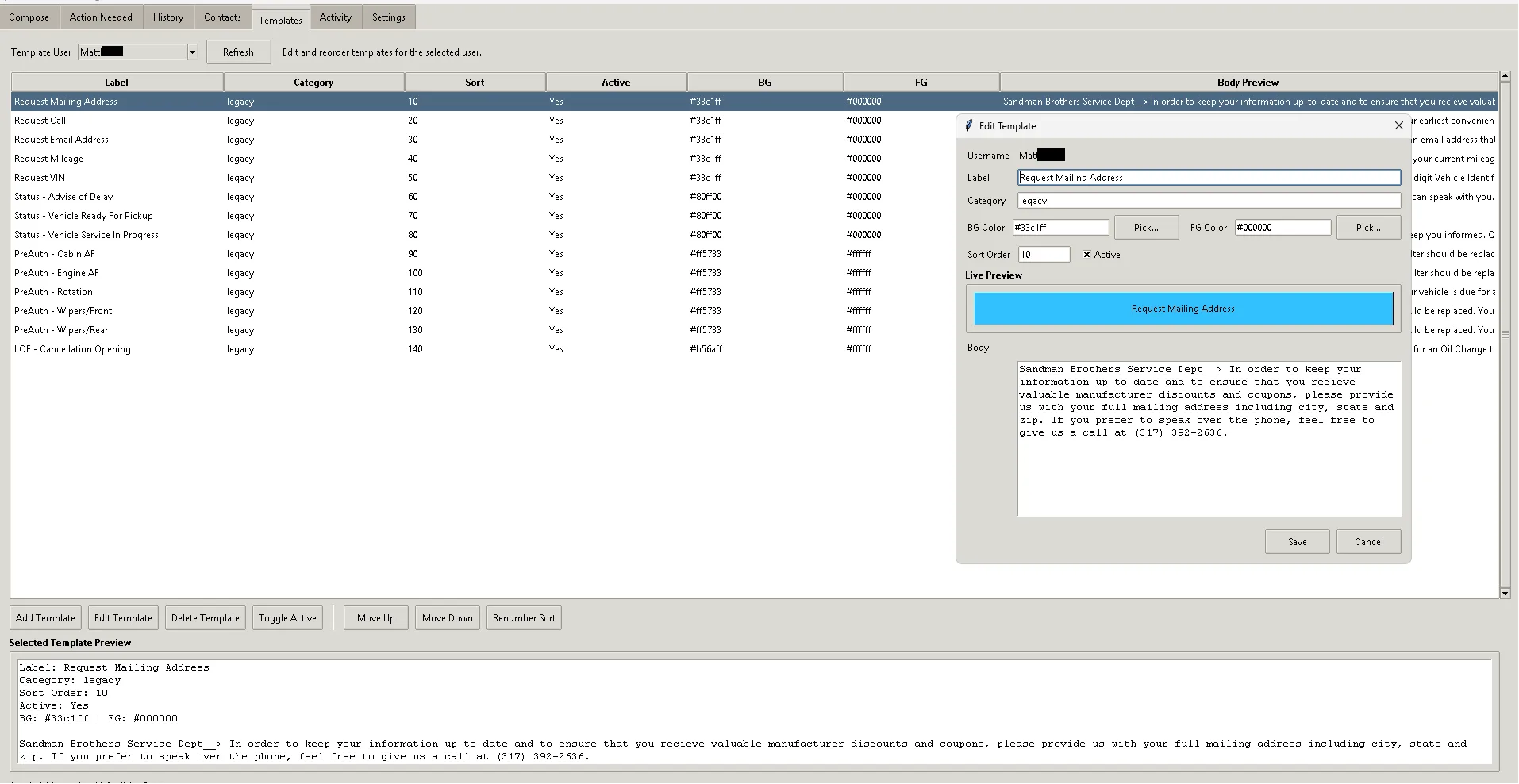 Template management screen.